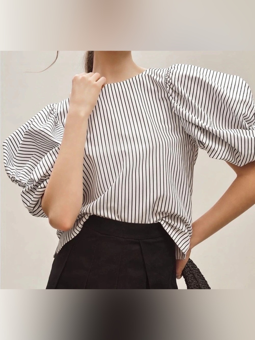 Maeve by Anthropologie White and Black Striped Puff Sleeve Blouse - Size XL